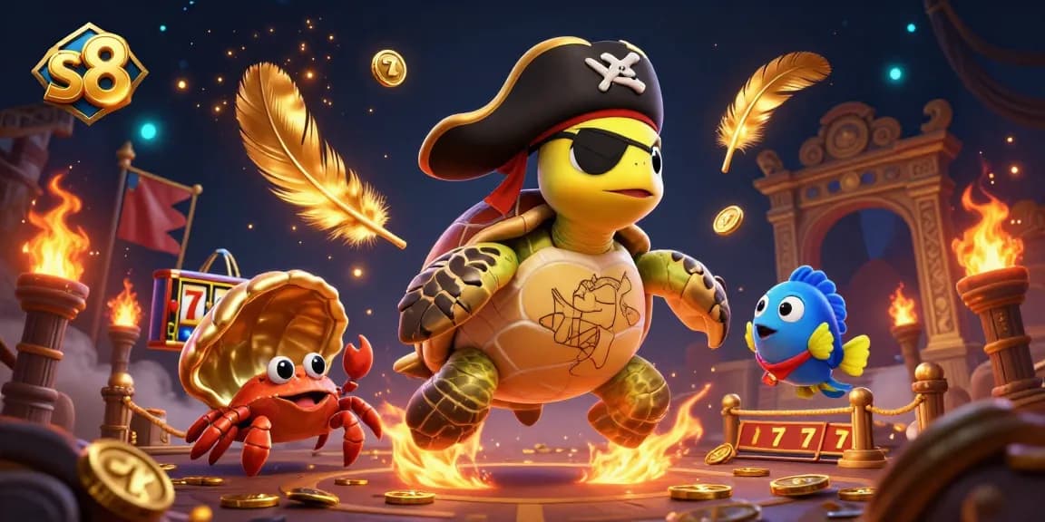 S8 offers thrilling casino excitement with a pirate turtle, crab, and parrotfish amidst treasure.