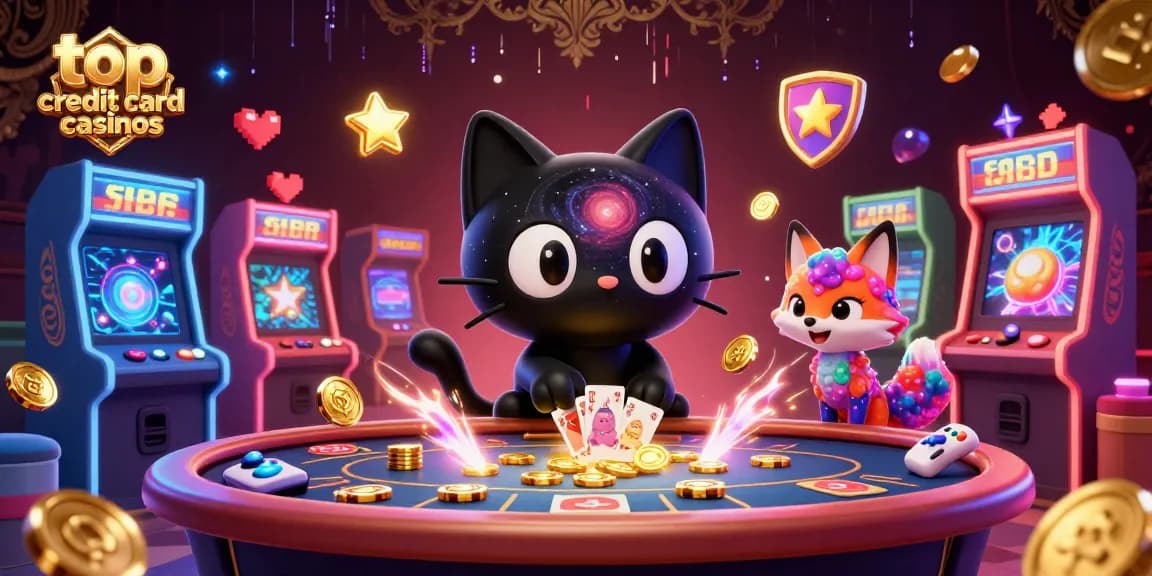 Engage with the top credit card casinos featuring a cartoon black hole cat and nebula fox at a cosmic table.