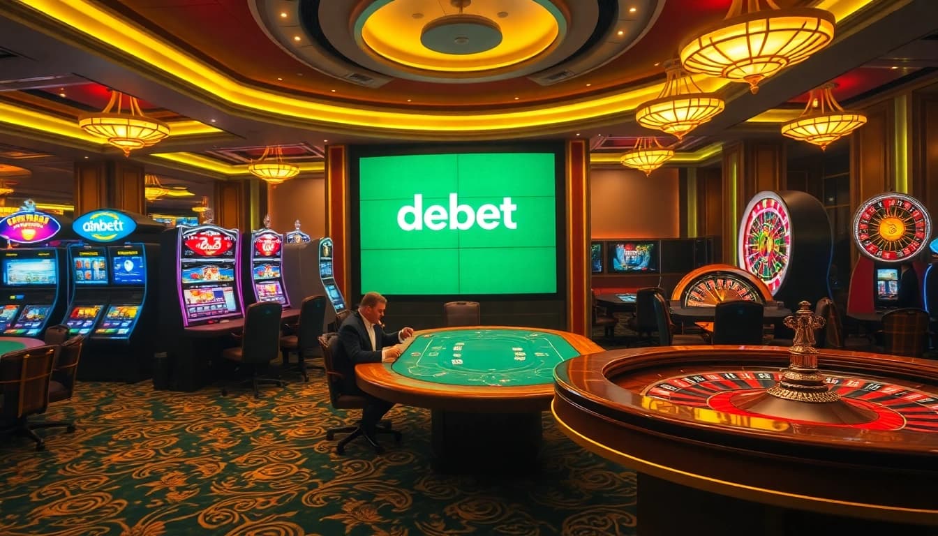Players enjoying exciting games at DEBET casino, showcasing vibrant slots and poker action.