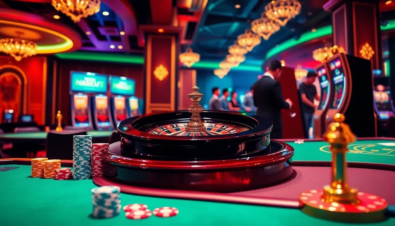 Players enjoying a sophisticated online gambling experience at 88vv with poker chips and a roulette wheel.