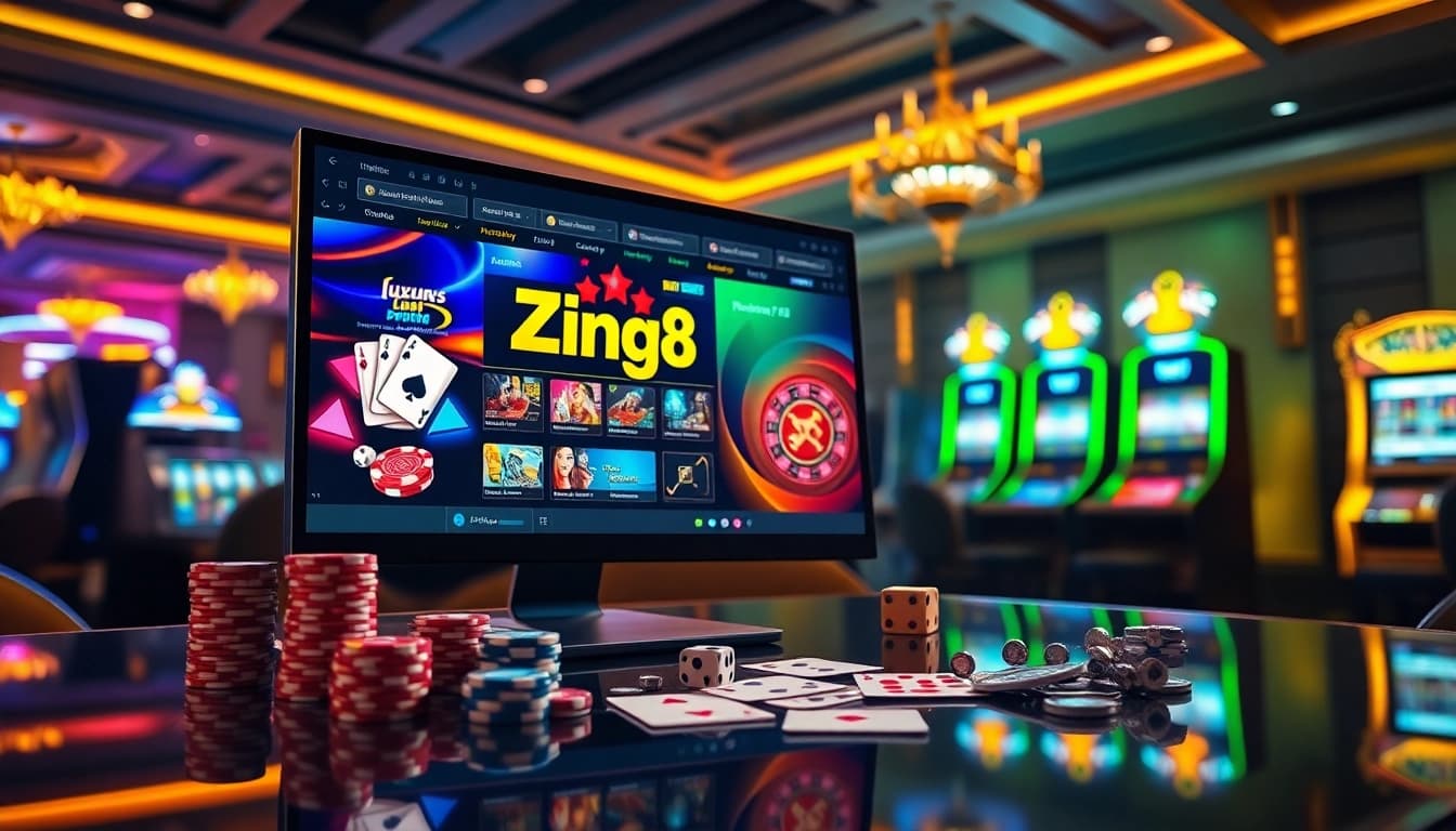 Zing88 online casino gamers enjoying vibrant poker and slot games in a luxurious virtual environment.