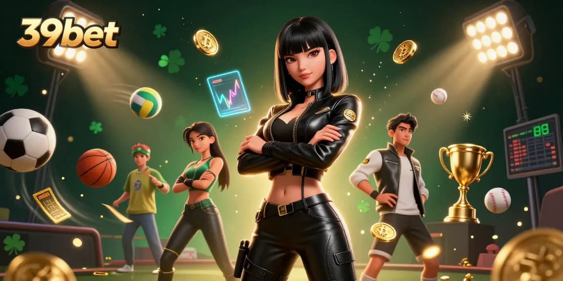 Engage with thrilling 39bet betting opportunities while winning with a stunning Asian female character surrounded by sports elements and Bitcoin coins.
