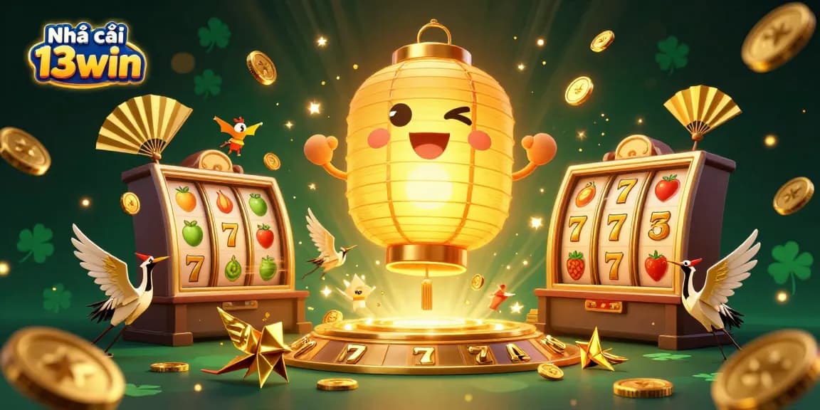 Engaging illustration of Nhà cái 13win with vibrant slots, golden lantern spirit, dynamic game elements, and lucky symbols.