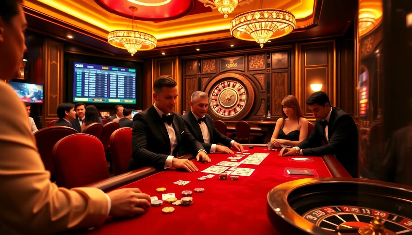 Excited players strategize their moves at a QQ88 poker table within a lavish casino environment.