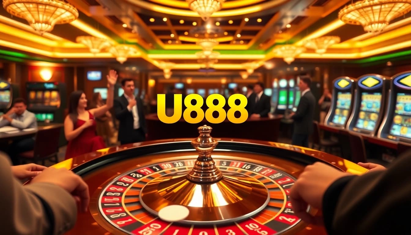 Exciting gambling scene at U888's luxurious casino with roulette and poker chips.