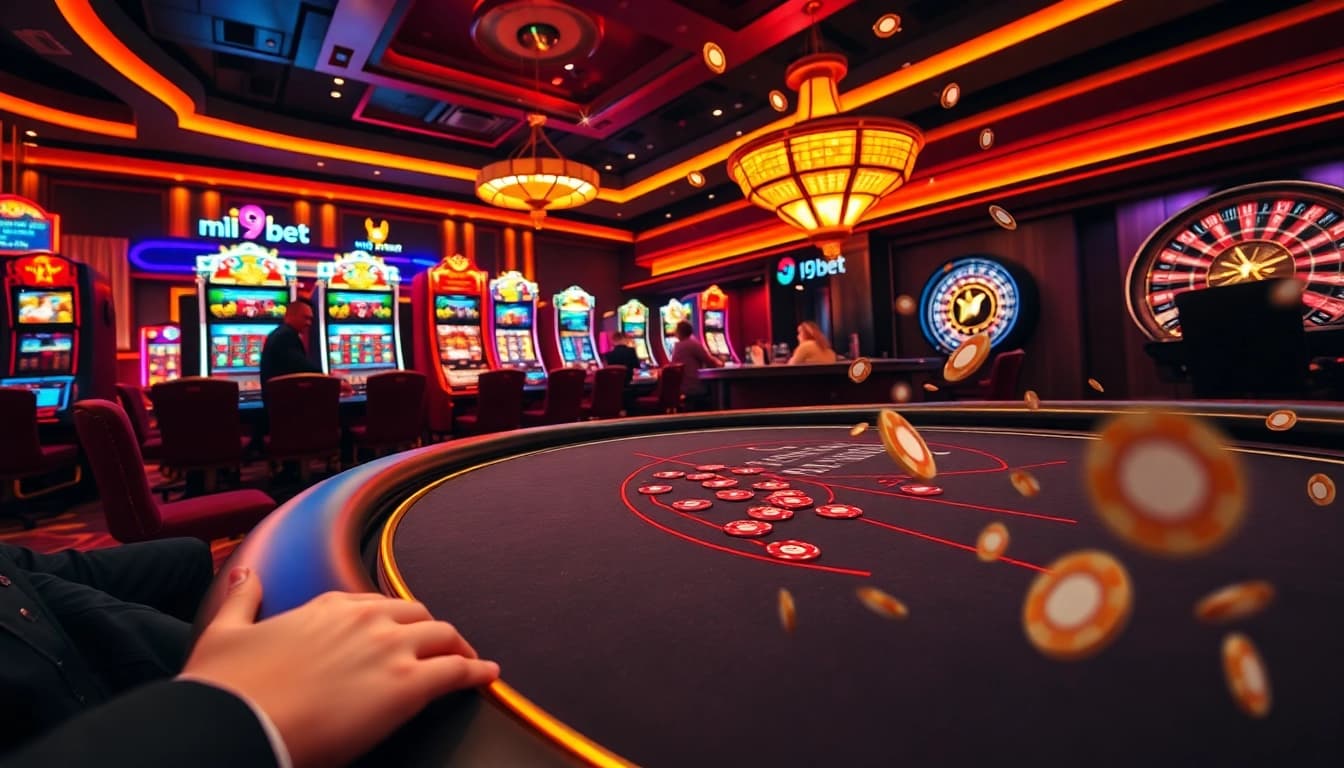 i9bet players enjoying an exciting poker game at a luxurious casino table.