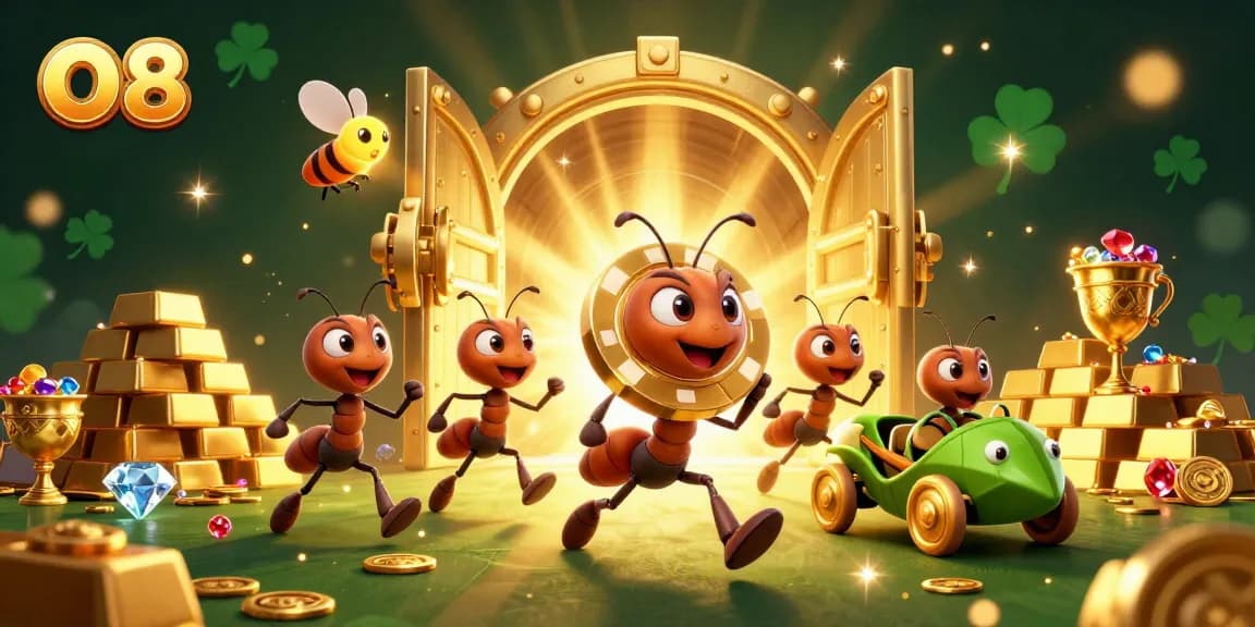 Watch ants skillfully navigate a golden heist in the O8 casino, showcasing vibrant treasures and thrilling action.