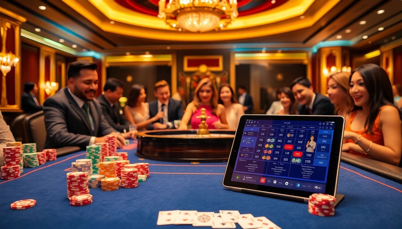 Jogadores ganhando muito em uma mesa de cassino com temas de https://kk55.global/, apresentando ação de jogo vibrante e decoração luxuosa.