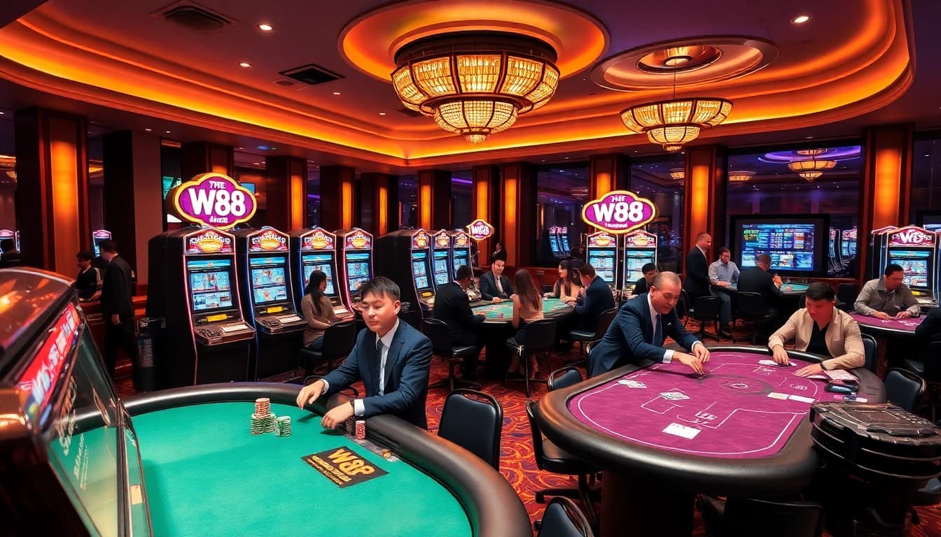 Experience thrilling gambling action with W88 brand amidst vibrant casino atmosphere.