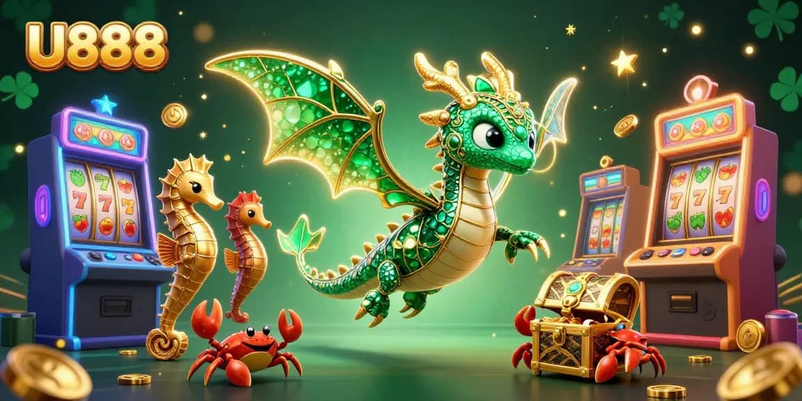 Experience U888's vibrant slot machines with the majestic emerald sea dragon and lively treasure scene.