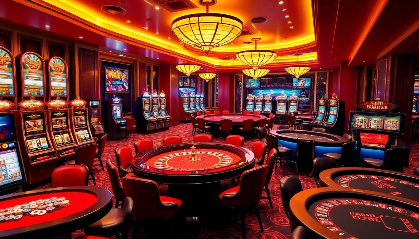 Players enjoying casino games like slots and poker at NOHU90, reflecting excitement and luxury.