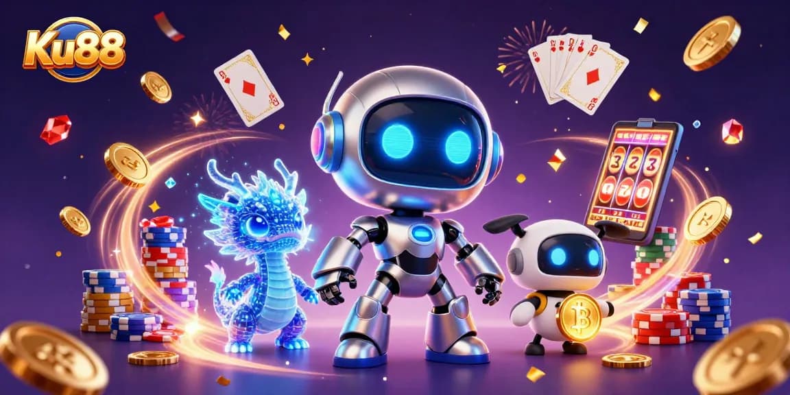 Engage with Ku88's vibrant casino world featuring a cyberpunk mascot and exciting casino elements.