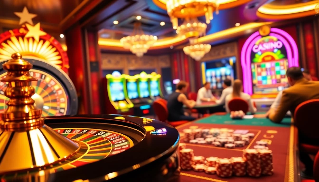 Active players enjoying the excitement of gambling at https://ps99seo.com/ casino tables with colorful chips and cards.