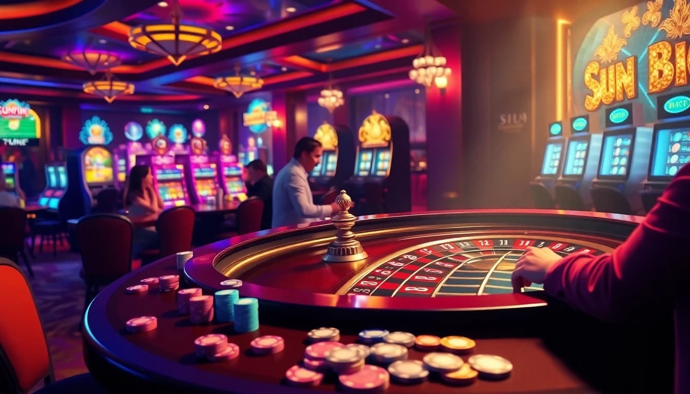 Experience the thrill of gambling with sunwin20 on a vibrant casino floor filled with tables and games.