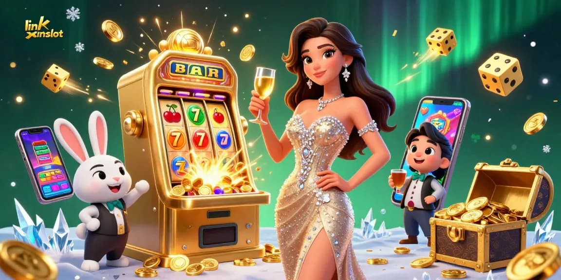 Experience thrilling wins with link xinslot in a vibrant 3D casino scene featuring a jackpot slot machine.