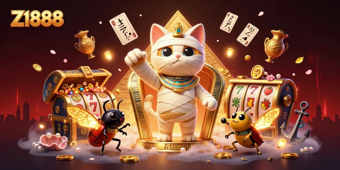 Z1888 casino scene with a mummy cat and glowing scarab, showcasing exciting slot game elements.