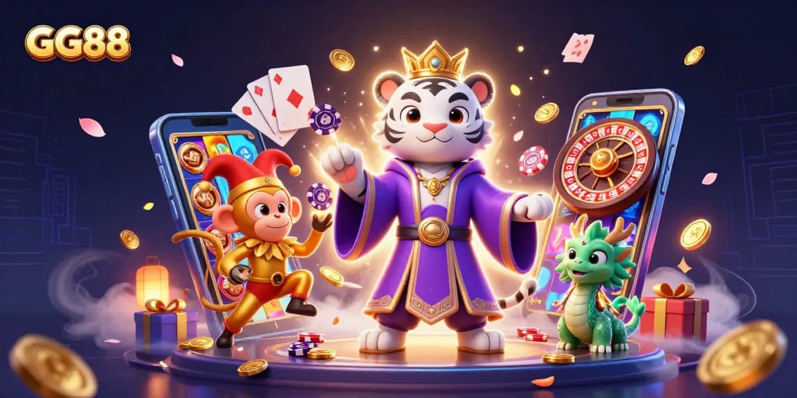 GG88 showcases a dynamic casino scene with a white tiger, monkey, and dragon amidst vibrant gaming elements.