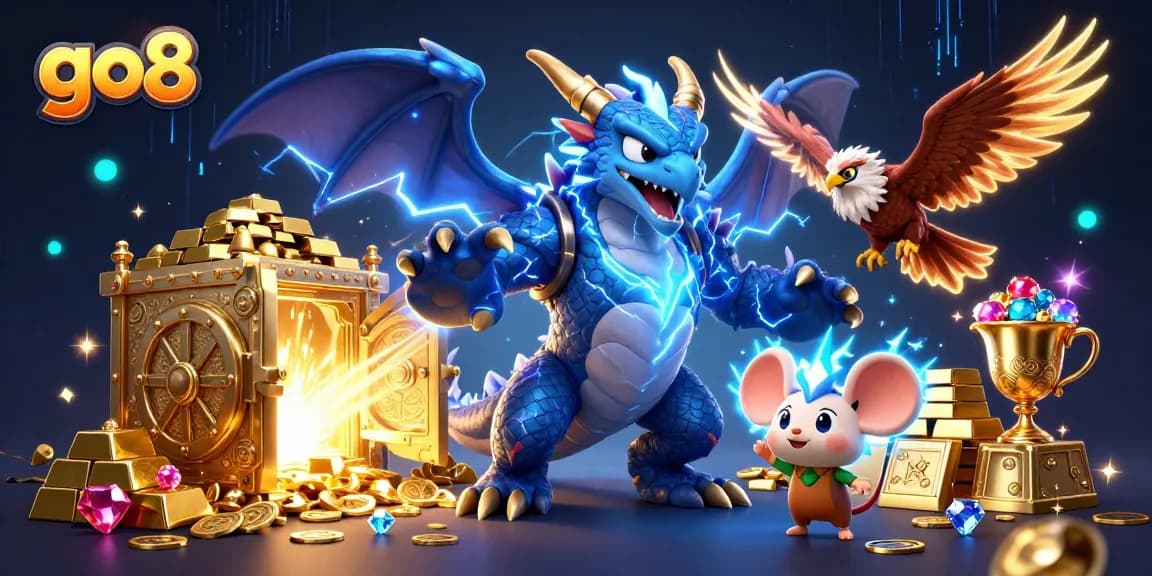 Engage with thrill at go8 featuring a thunder dragon and vibrant treasures in an electrifying casino scene.