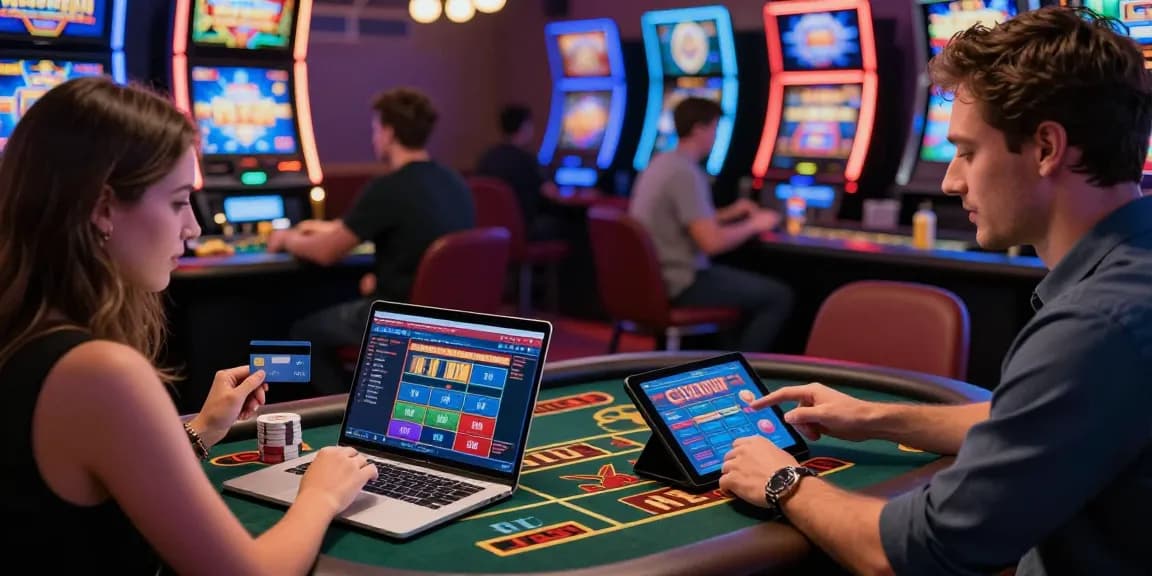 Engaging moment in credit card casino reviews, showcasing players enjoying diverse games and making deposits.