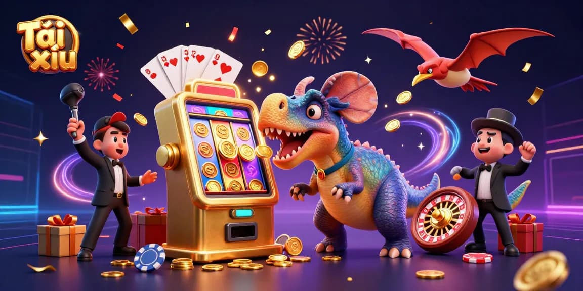 A 3D Tài xỉu casino scene with animated dinosaurs and a golden slot machine celebrating a jackpot.