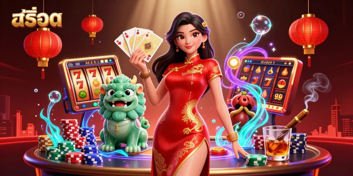 Spin the reels of สล็อต with a vibrant scene featuring a stylish woman, slot elements, and a lively casino atmosphere.