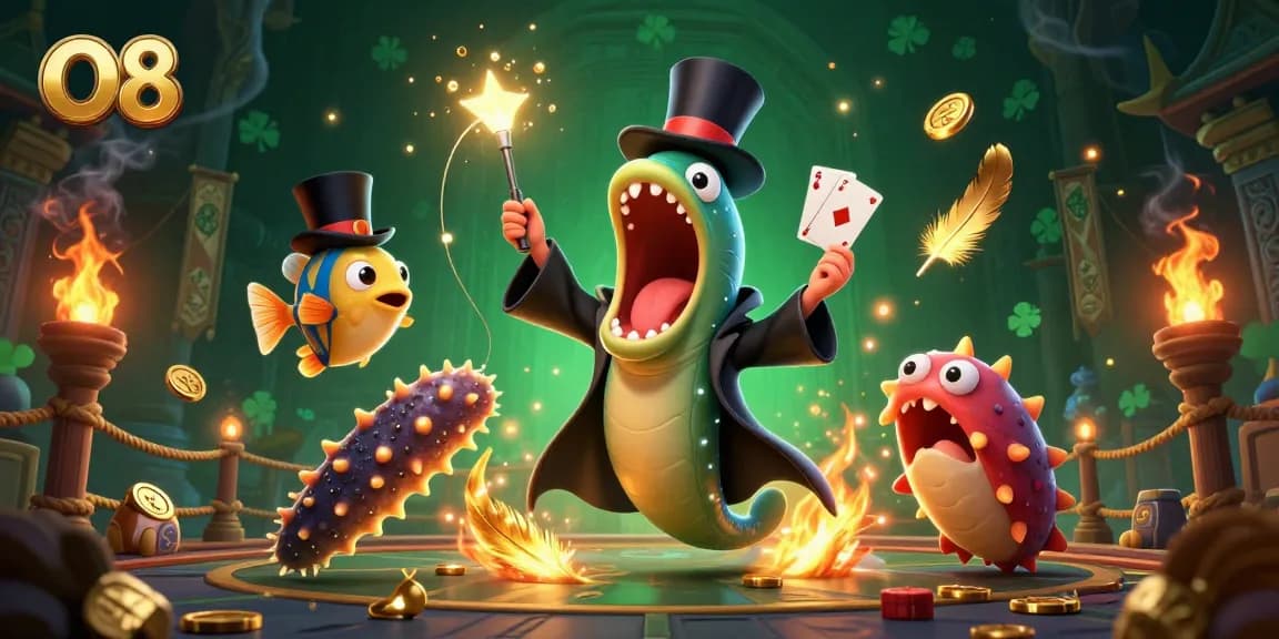 Experience the thrill of O8 with a magical underwater casino scene filled with vibrant characters and rich gambling elements.
