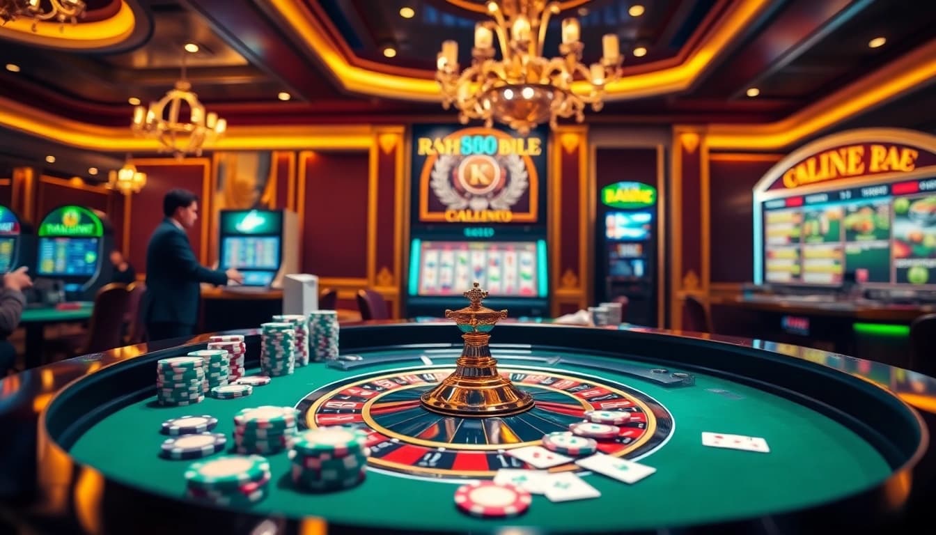 Experience thrilling gambling action at RR88 with poker chips, roulette, and vibrant casino ambiance.
