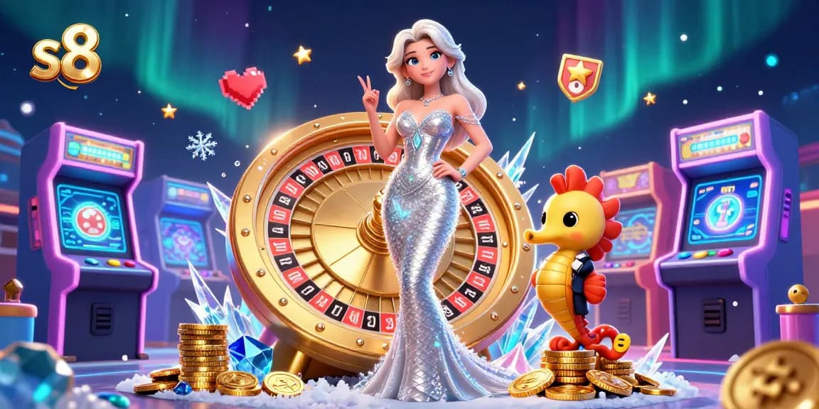 s8 presents an engaging illustration of a stunning woman next to a roulette wheel, capturing the excitement of online gambling.