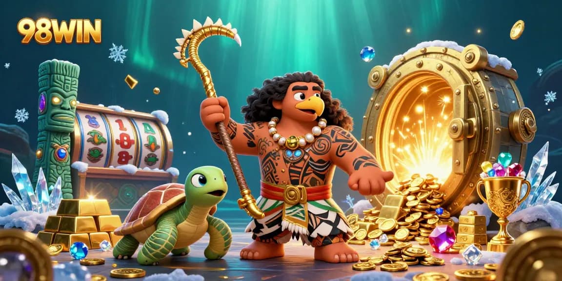 Engage in casino excitement with 98WIN featuring a demigod and treasures in an underwater scene.