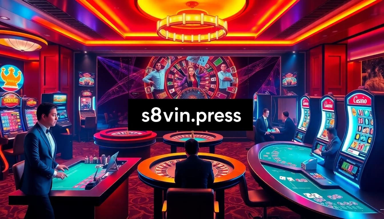 A vibrant online casino scene showcasing roulette, poker, and slot machines at s8vn.press.