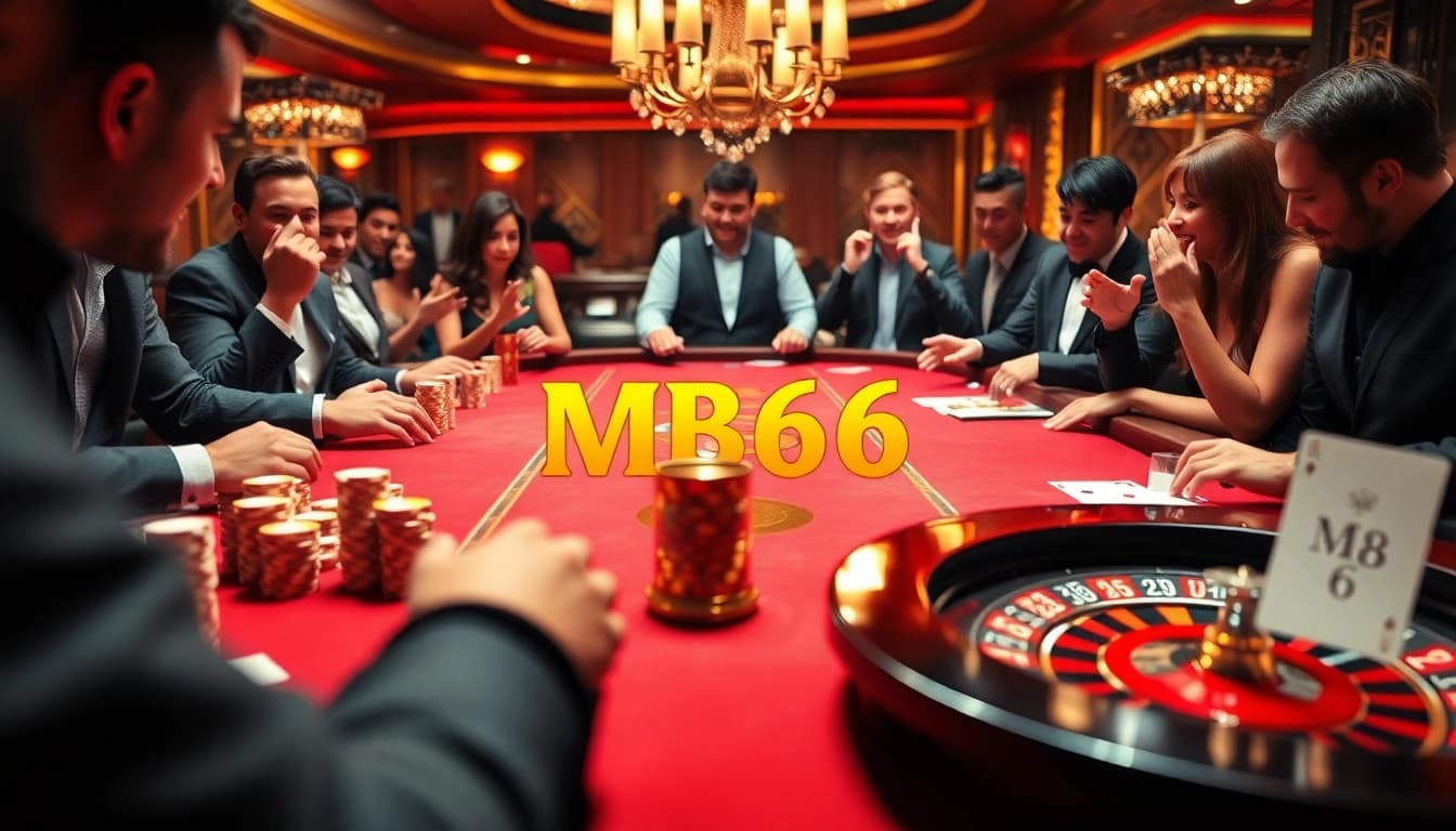 Players engaging in thrilling games at the vibrant MB66 casino table, showcasing poker chips and cards.