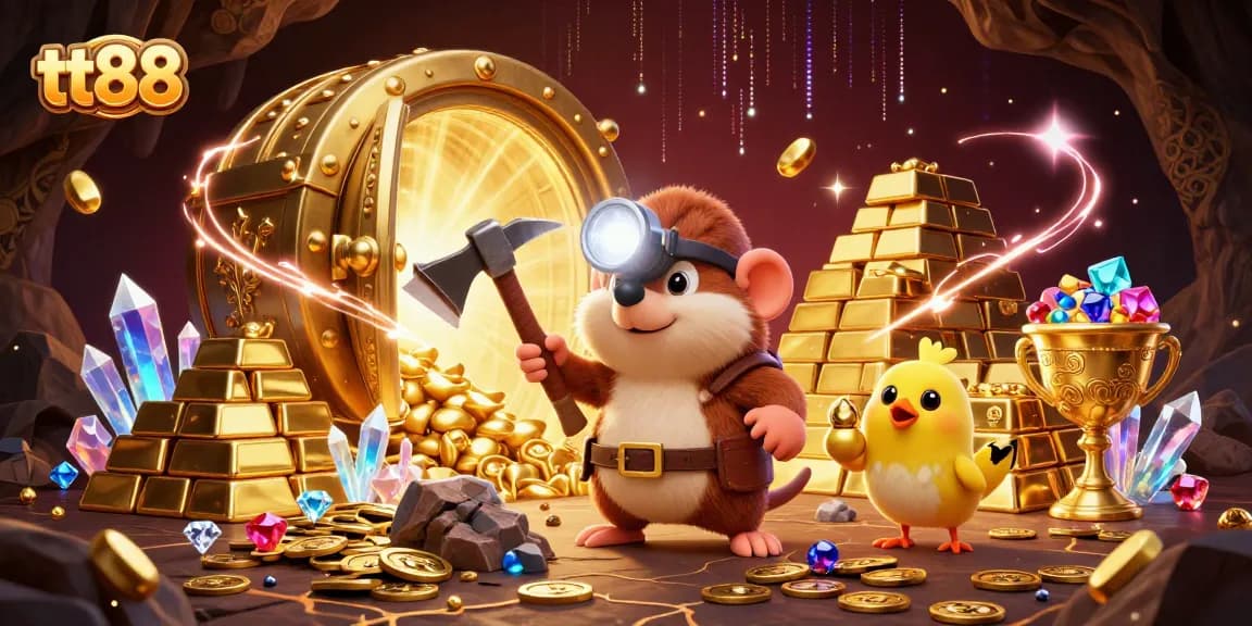 Experience the thrill of winning at tt88 while a treasure hunter discovers gems in a vibrant casino scene.
