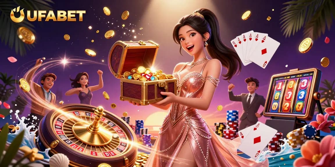 Join the excitement at UFABET with stunning online gaming, showcasing jackpot treasures, dynamic slots, and vibrant casino elements.