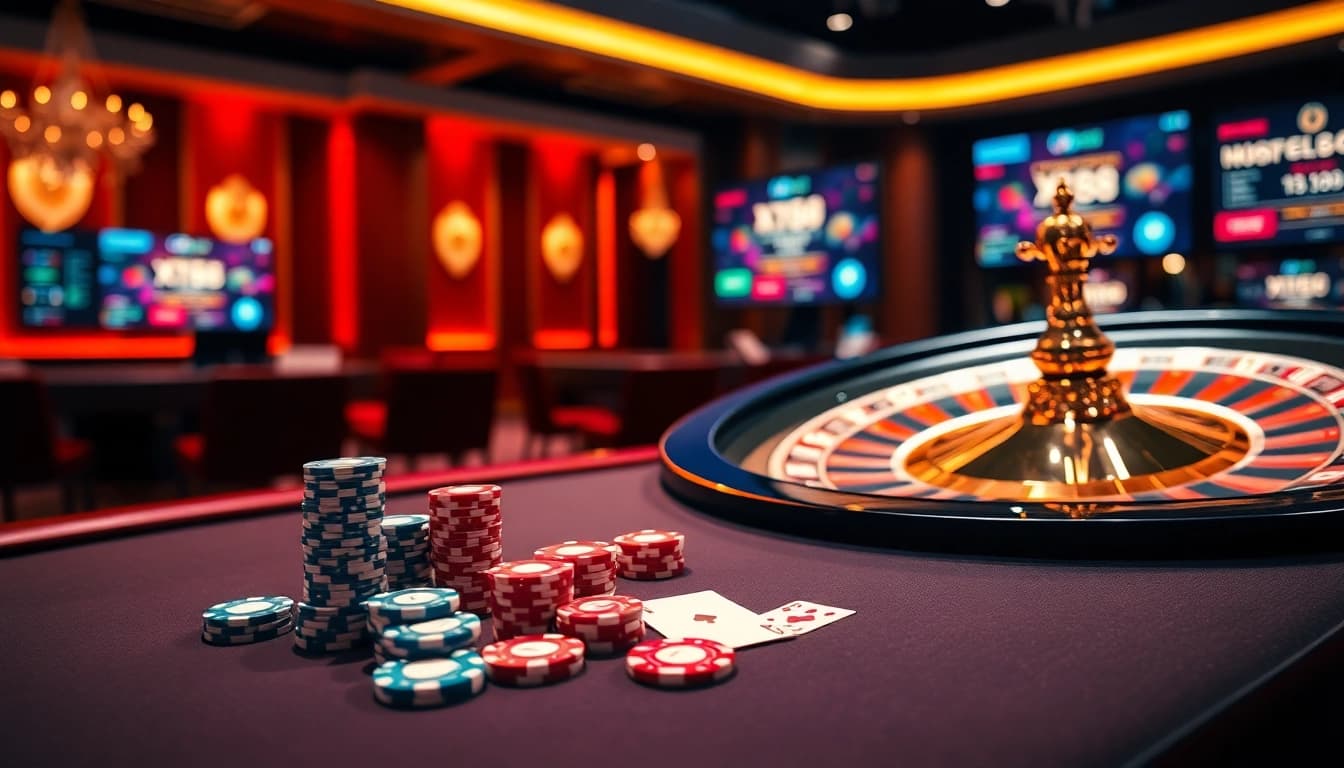 Play thrilling games at XX88 with luxurious casino ambiance featuring roulette and poker elements.