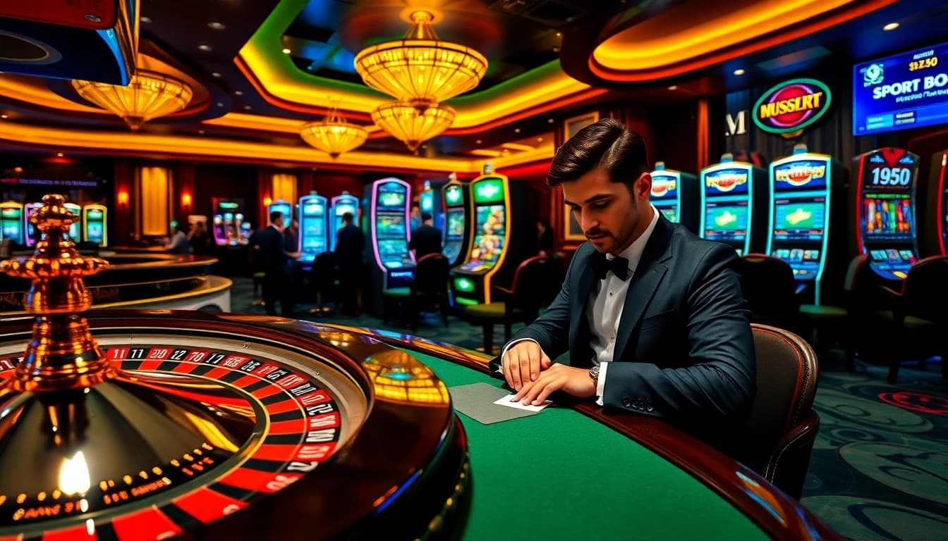 SODO Casino: Players engaging in thrilling poker and roulette while surrounded by luxury gaming elements.