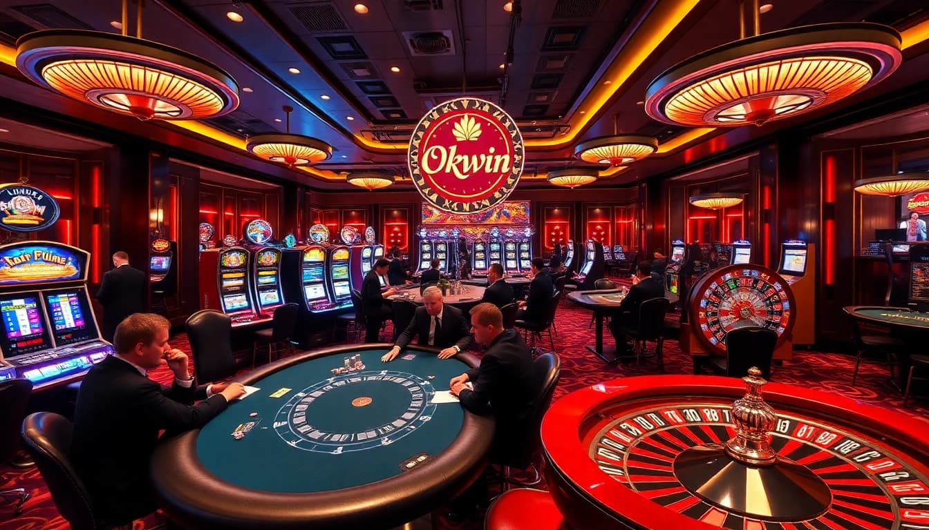 Okwin players engaging in poker tables topped with vibrant chips and cards.