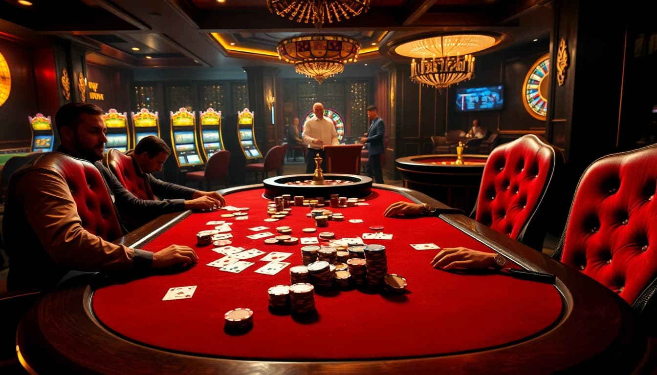 33WIN high-stakes poker scene with colorful chips and intense players.