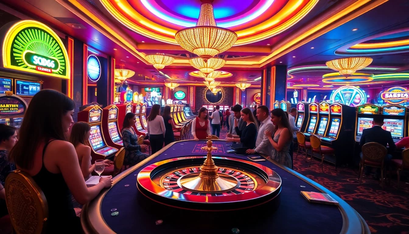 SODO66 casino scene with a roulette table, elegant players, and vibrant slot machines showcasing excitement.
