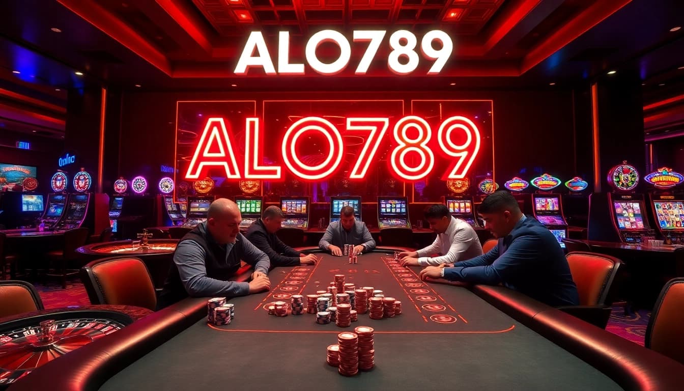 Experience the excitement of ALO789 with professional gamblers at a high-stakes poker table, surrounded by vibrant casino visuals.