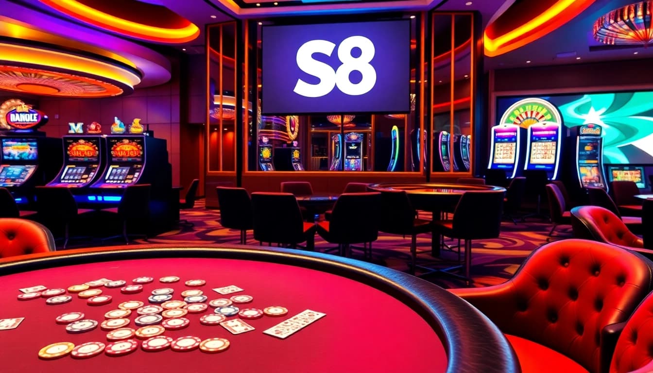 S8 casino players placing bets on a luxurious poker table amid vibrant slot machines and roulette wheels.