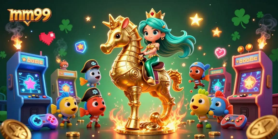 Engage with the vibrant mm99 world featuring a mermaid, seahorse, and exciting casino elements.