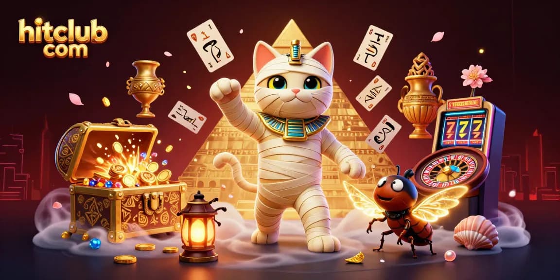 Engage in thrilling slots and casino action at hitclub com with a vibrant Egyptian-themed 3D illustration.