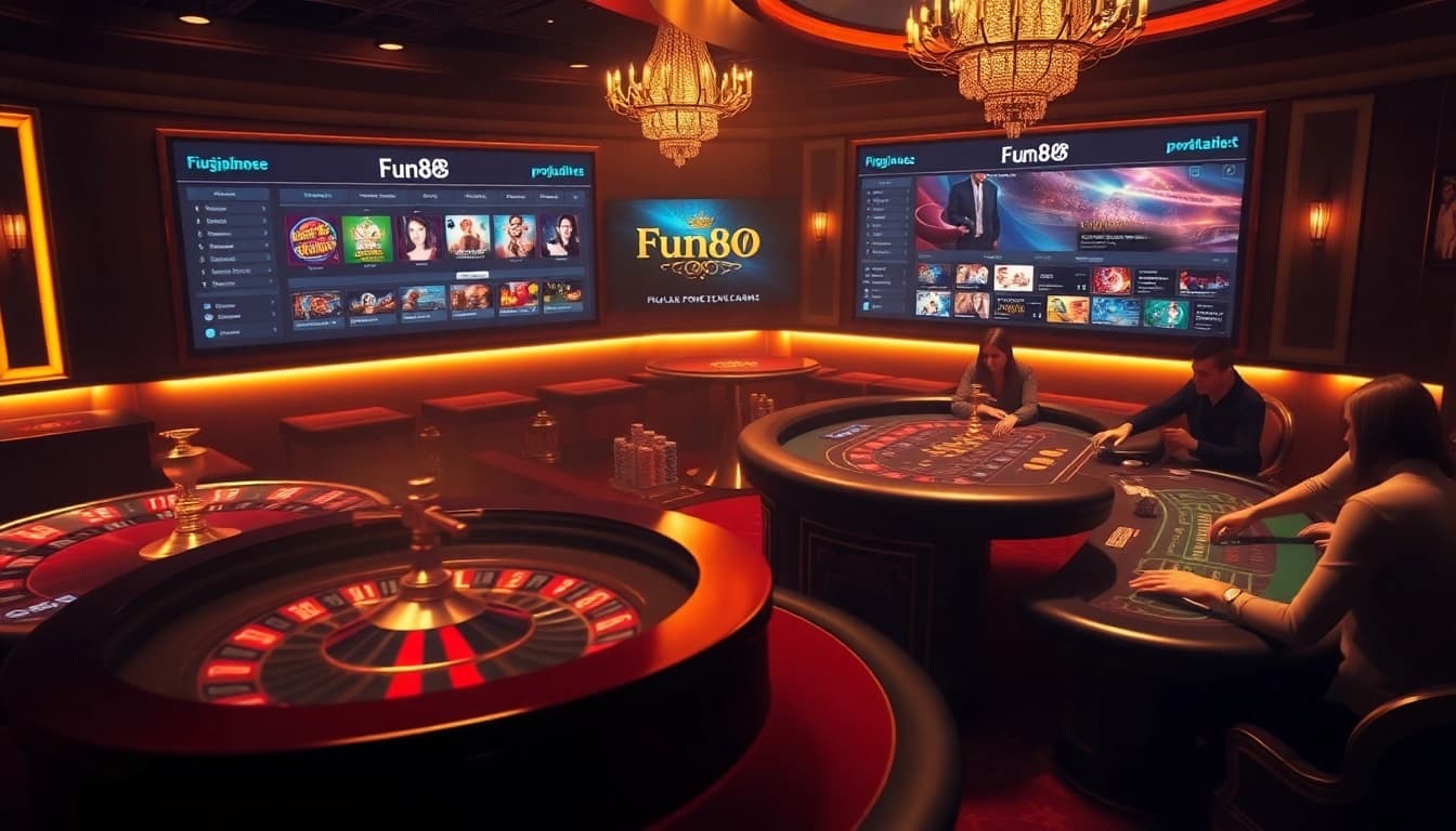 Fun88 platform displayed in a luxurious casino setting with engaging players at the tables.