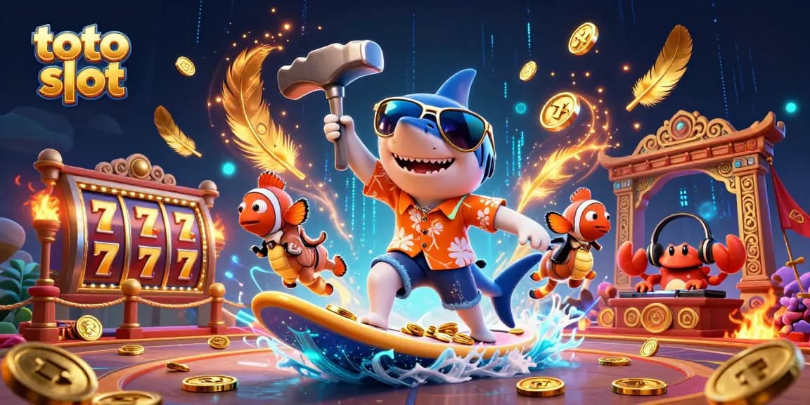 Spin to win with the engaging toto slot scene depicting a shark surfing on gold coins.