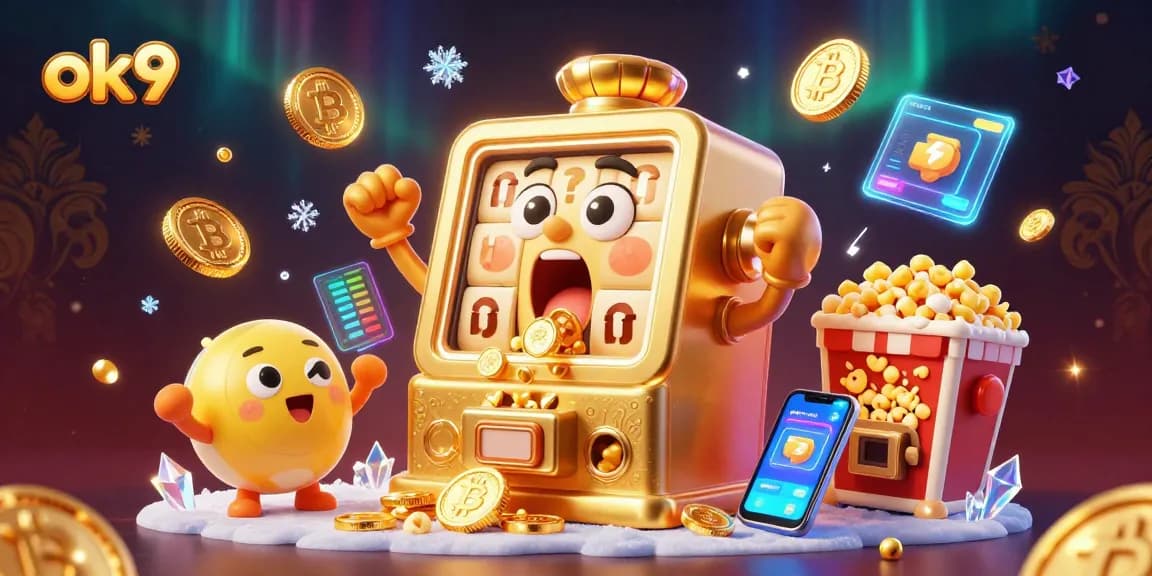 Spin the reels at ok9 as a golden slot machine celebrates a jackpot amidst cheering baby slots and crypto coins.