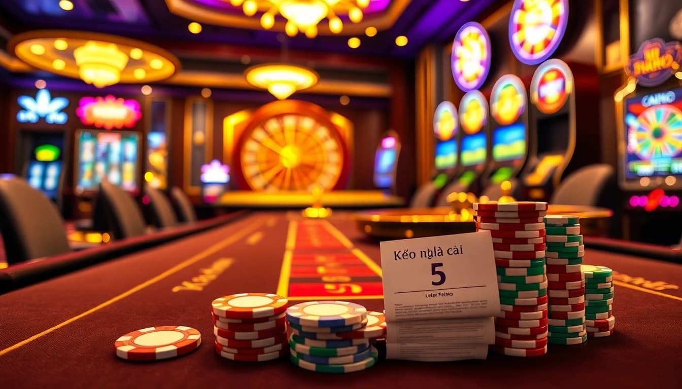 Experience the thrill of Kèo nhà cái 5 at a luxurious casino table filled with vibrant poker chips.