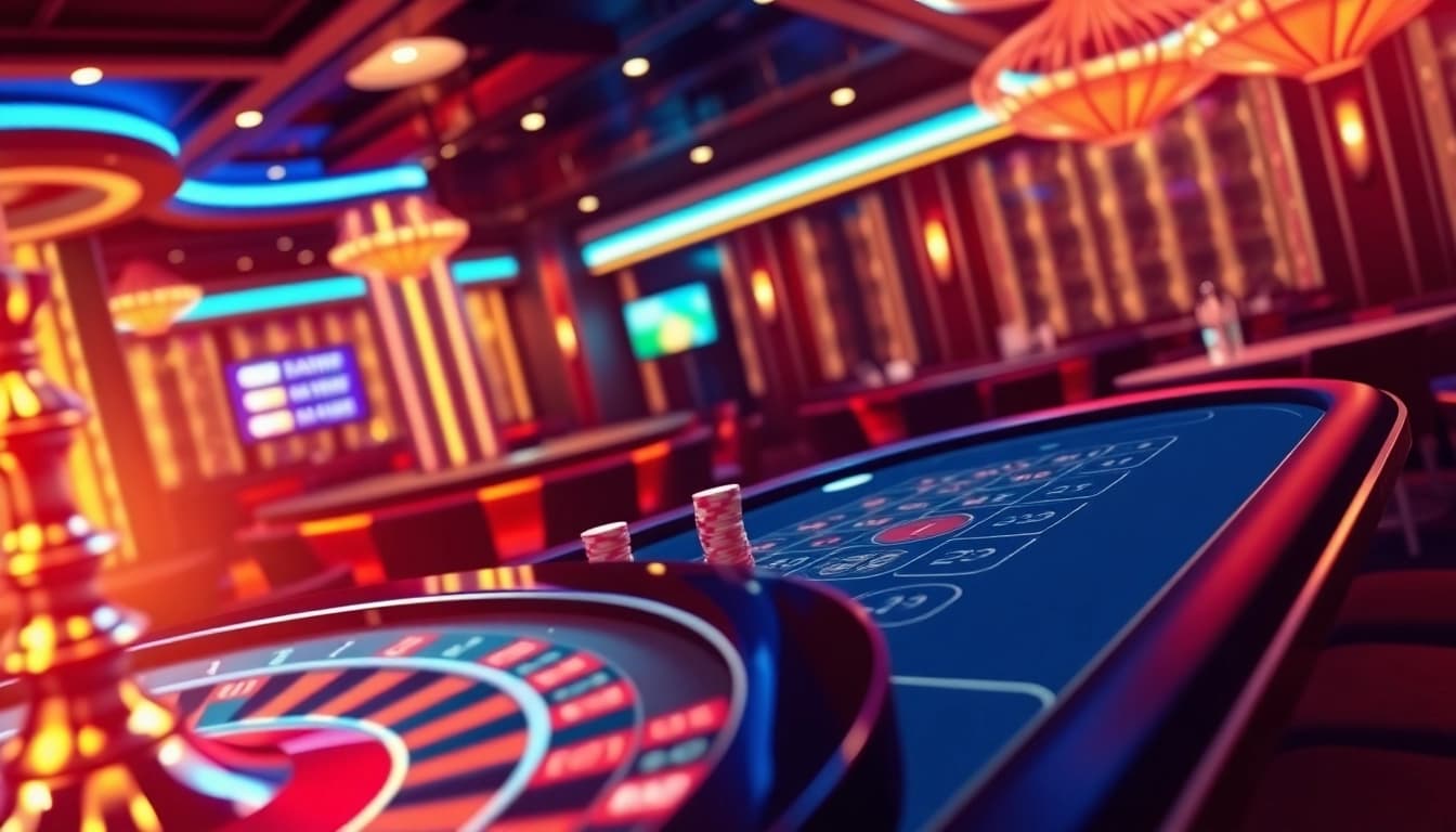 Engage with lo de uy tin in a dynamic online casino scene featuring poker chips and a roulette wheel.