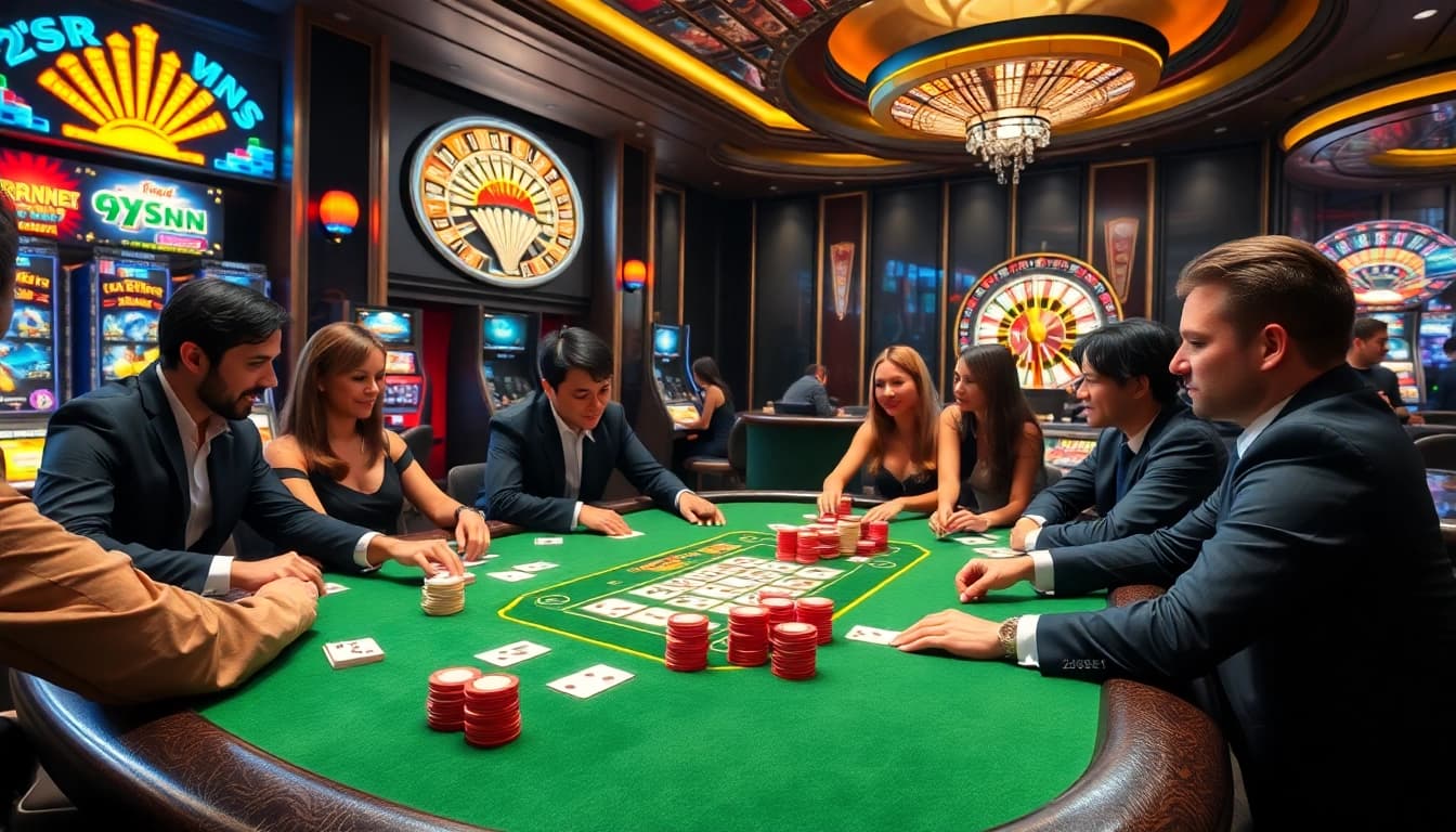 Excited players engaging in a poker game at 28BET's vibrant casino.