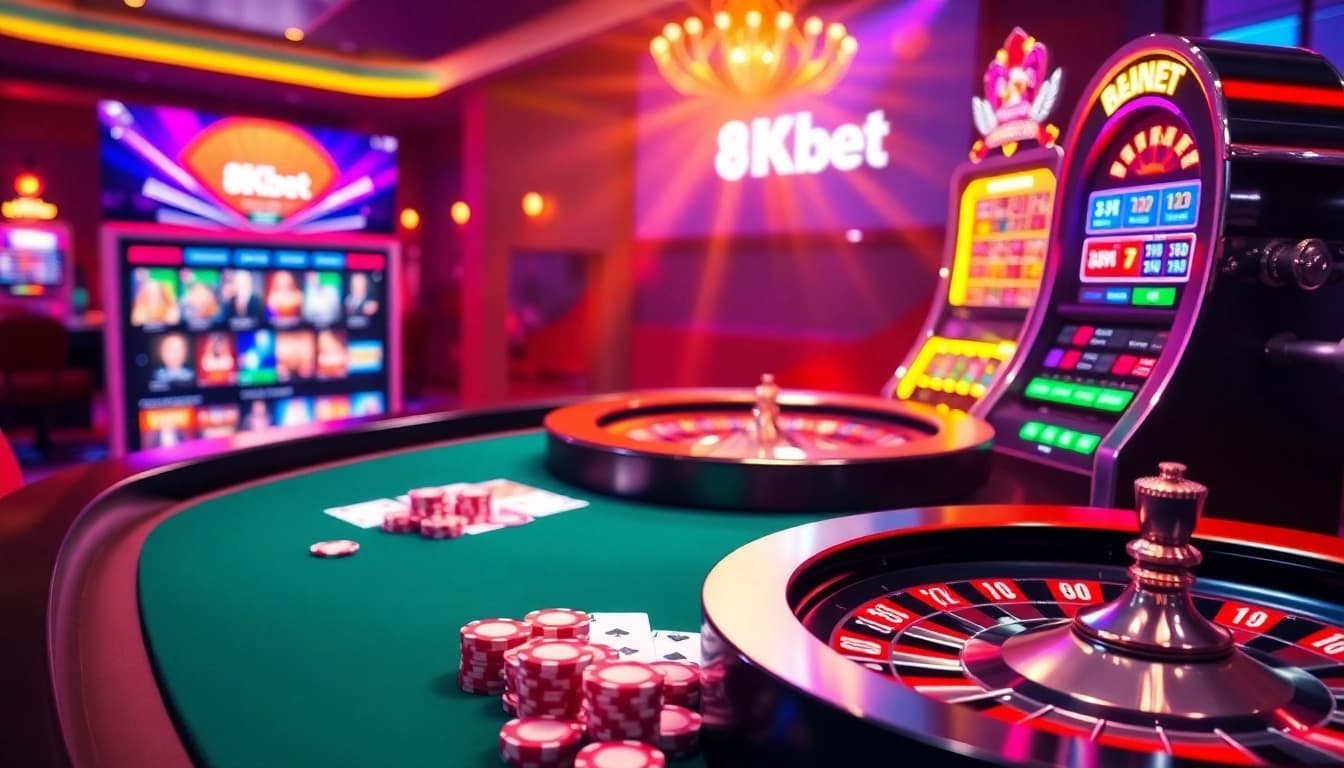 Experience the thrill of 8kbet with vibrant casino visuals featuring poker chips and slot machines.
