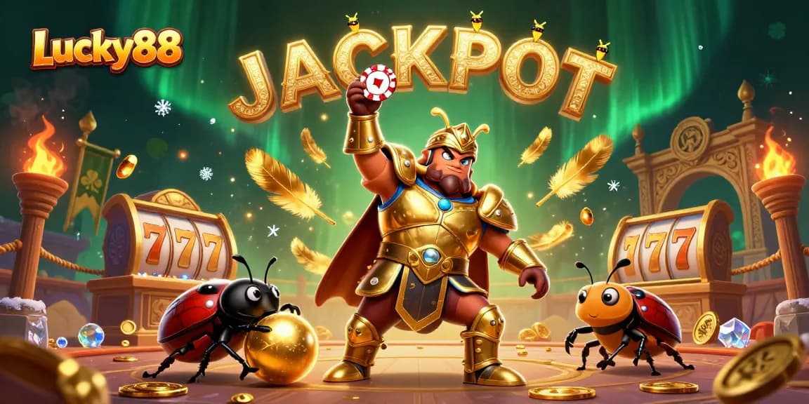 Experience excitement with Lucky88 as a hercules beetle lifts a poker chip amid a vibrant casino backdrop.